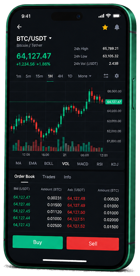 Goaltengra mobile trading platform — live BTC/USDT chart, order book and buy/sell interface